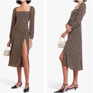 O.P.T Lenon Midi Dress Brown Floral Smocked Back Front Slit Anthropologie Size 2